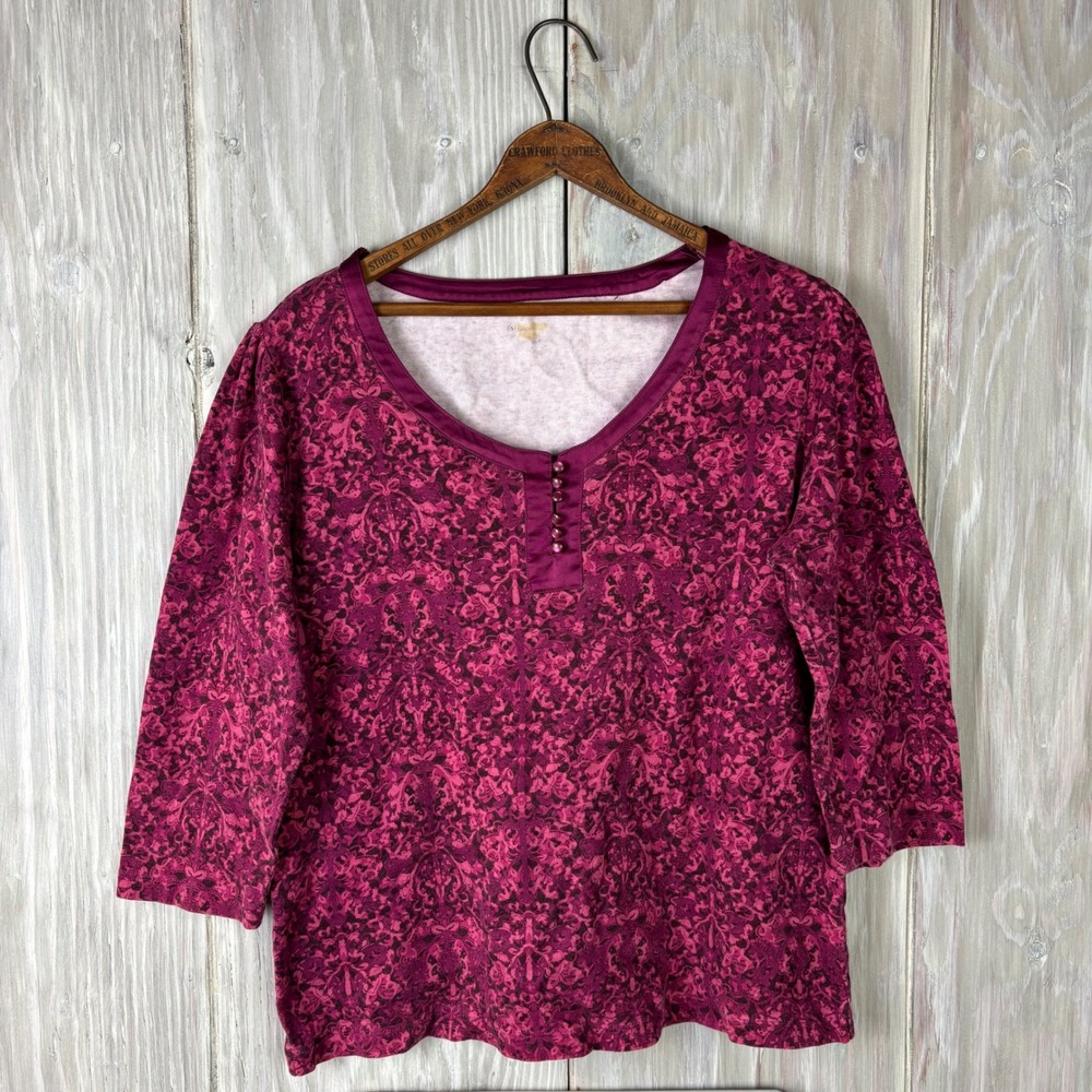 St John Bay Womens Magenta Floral Print V‎ Neck 3/4 Sleeve Top Sz L CottonHenley